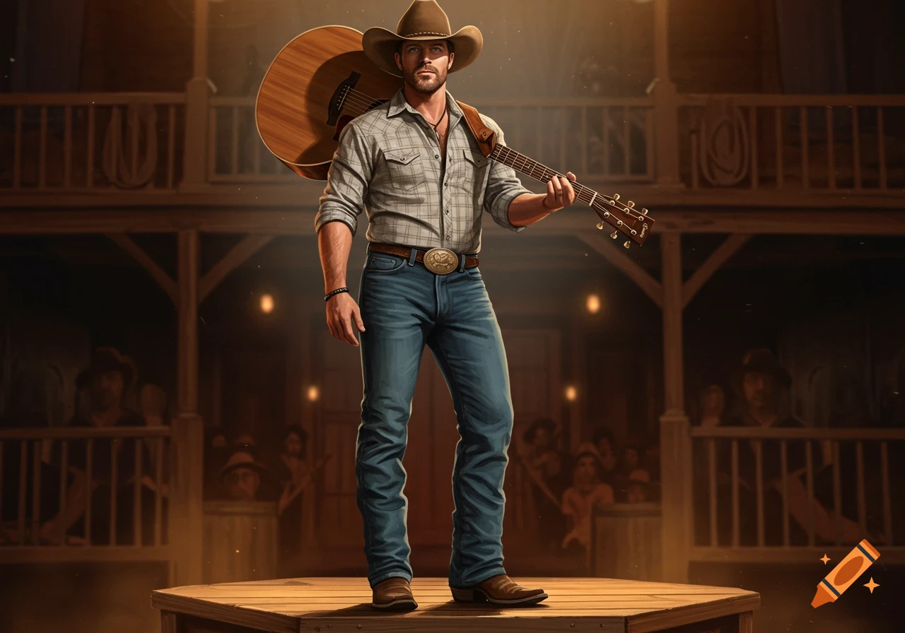 A male country singer in a cowboy hat and jeans stands on a stage holding an acoustic guitar.