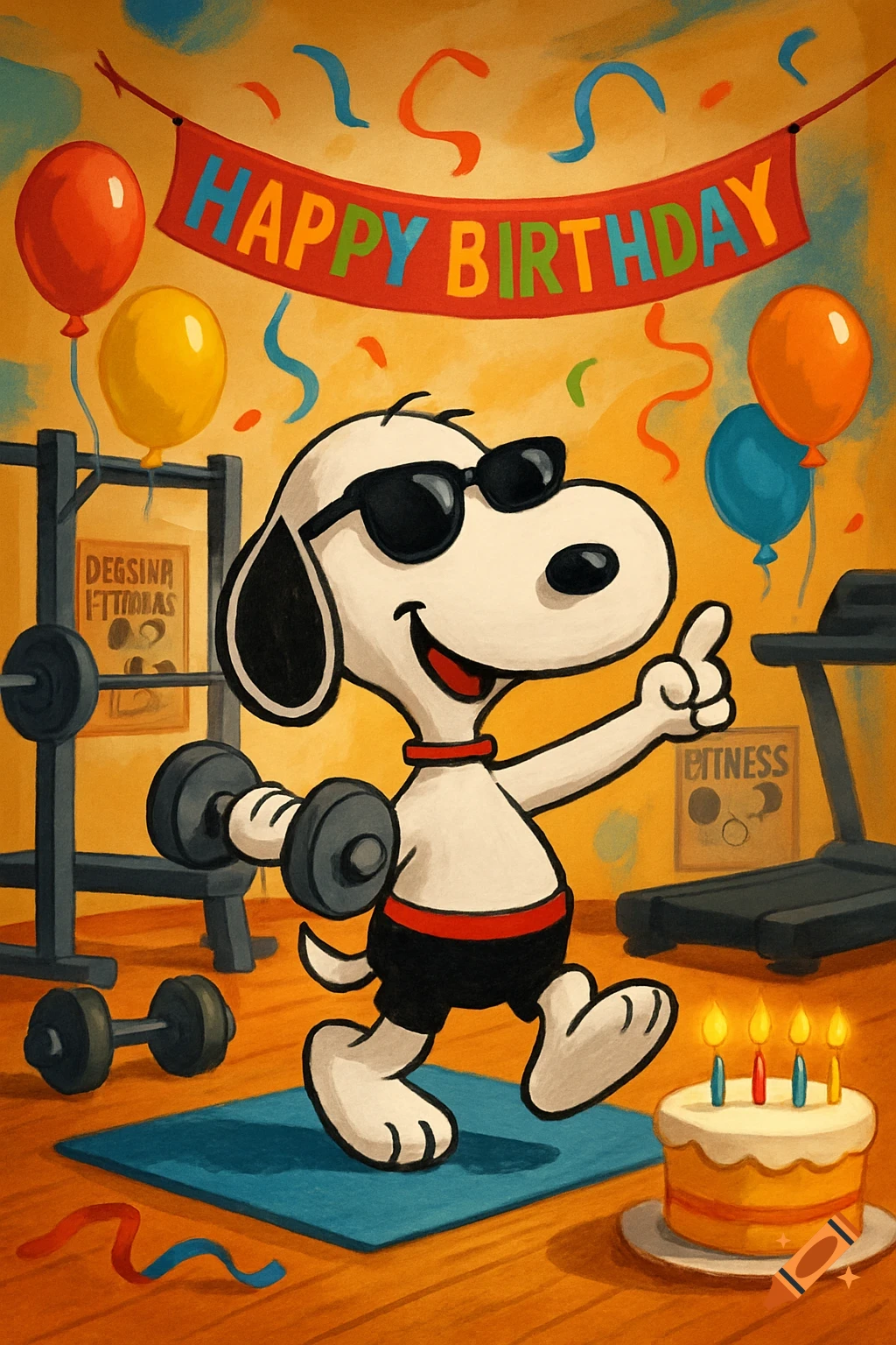 Snoopy, wearing sunglasses and workout shorts, lifts a dumbbell in a colorful gym setting. A "HAPPY BIRTHDAY" banner, balloons, and a birthday cake with lit candles are also visible.
