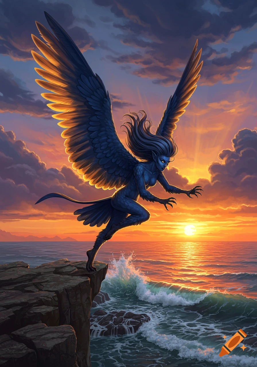 A blue-skinned harpy with large wings poised on a cliff overlooking a wavy ocean at sunset, in an illustrative style.