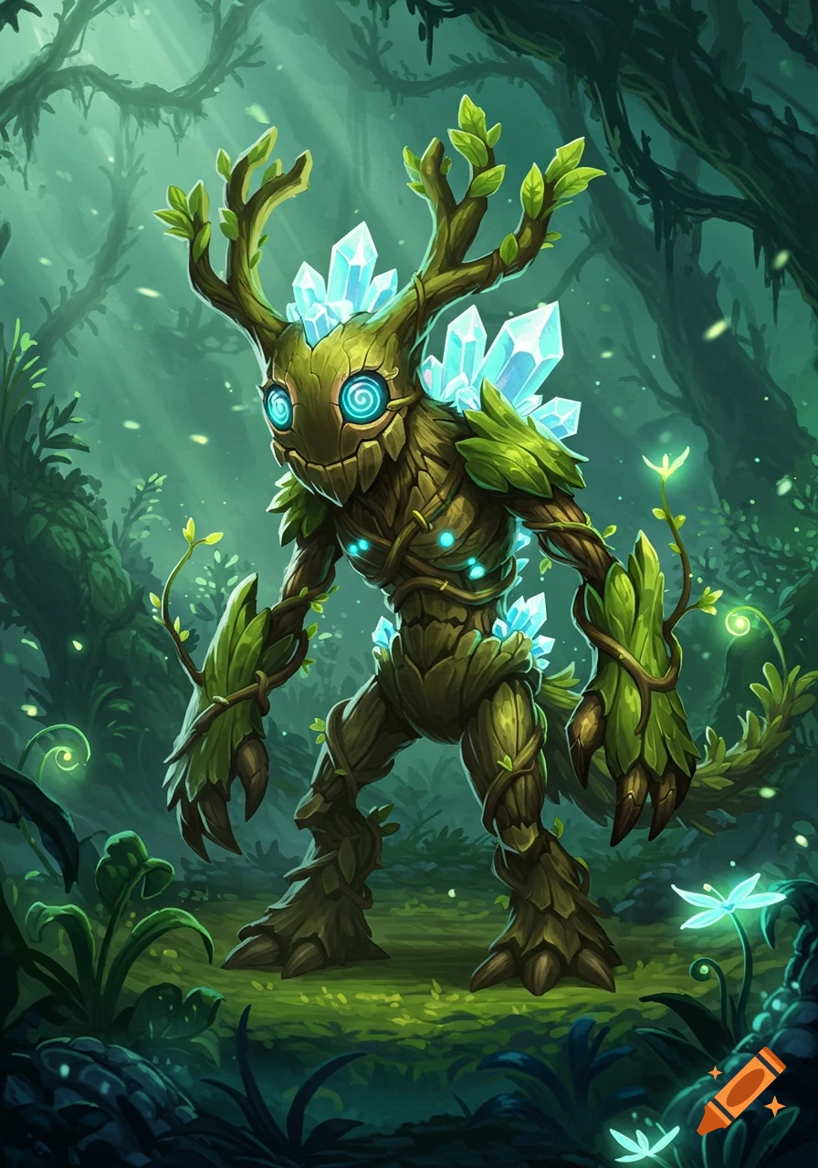 A stylized plant monster with glowing blue eyes and clear crystal spikes on its back stands in a mystical, lush green forest.
