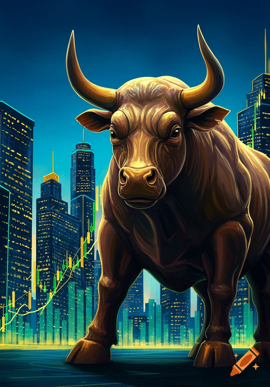 Powerful bull, symbolizing a bull market, stands before a cityscape with glowing stock market charts in an illustrative style.
