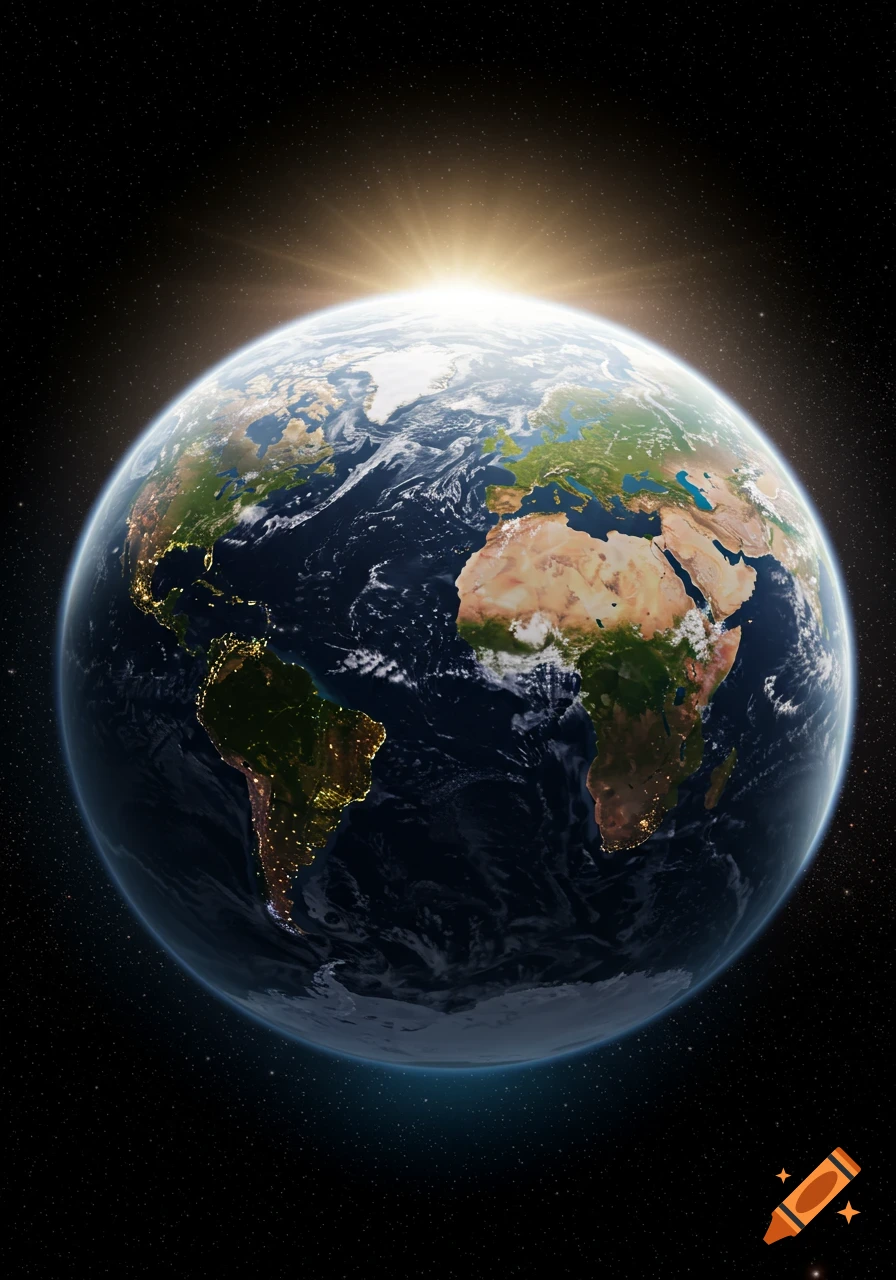 Photorealistic view of Earth from space, with sunlight over the horizon illuminating continents and city lights visible on the night side.