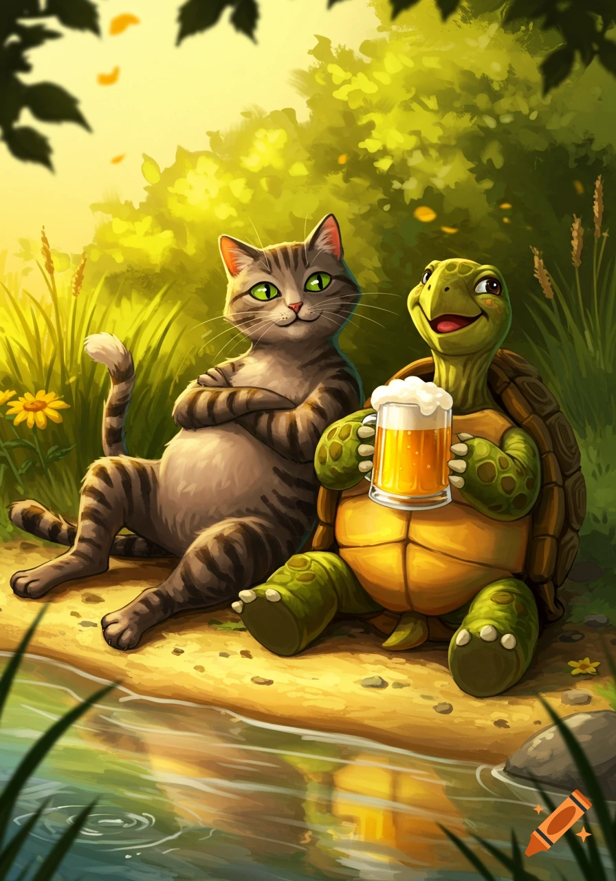A cartoon cat and turtle sit by a river, the turtle holding a beer, in a sunny forest setting.
