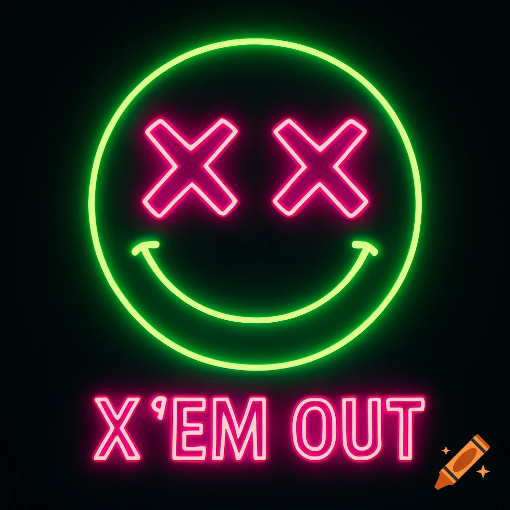 A bright green neon smiley face with pink neon X's for eyes, above pink neon text that reads 'X 'EM OUT' on a black background.
