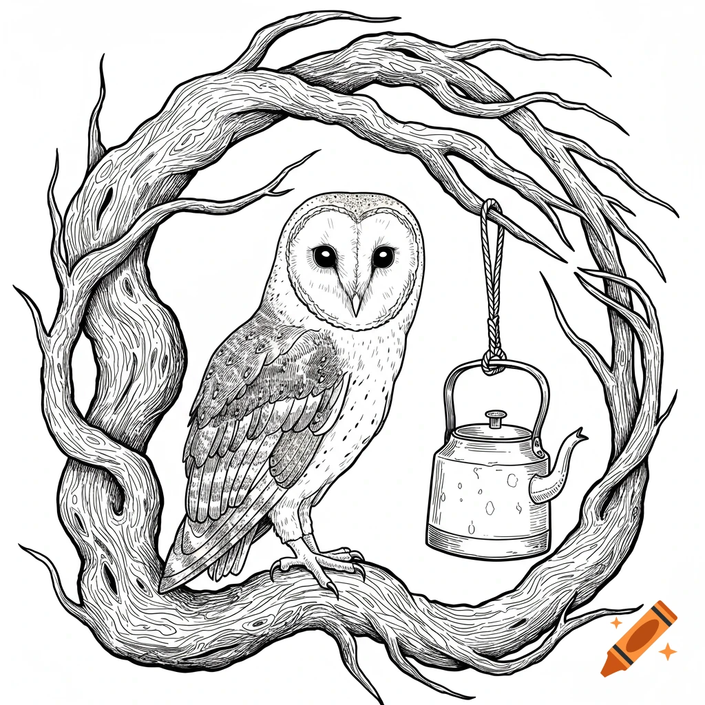 A black and white drawing of a barn owl perched on a twisted tree branch, with an old kettle hanging nearby, in a tattoo style.