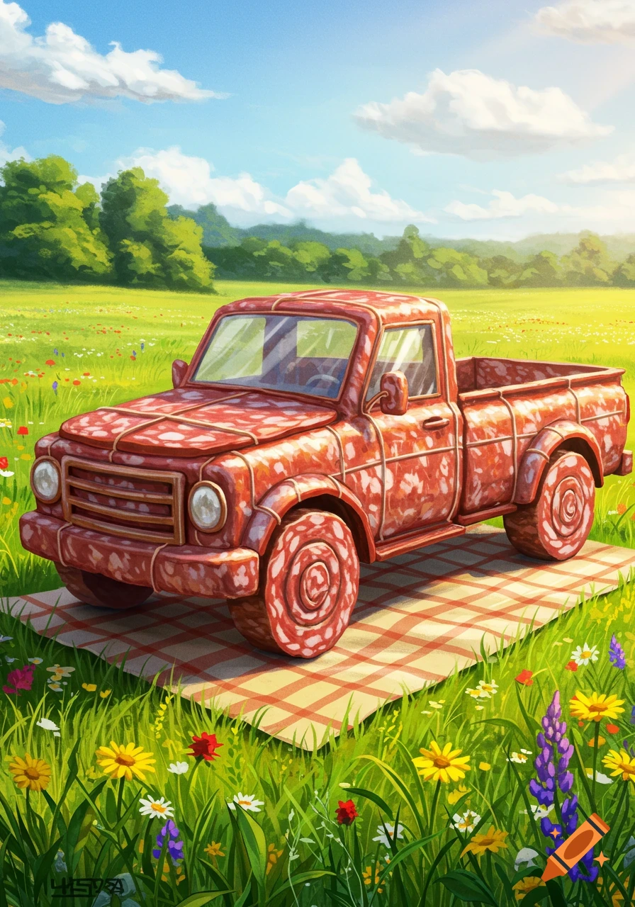 A whimsical illustration of a salami pickup truck parked on a plaid blanket in a vibrant green meadow with wildflowers.