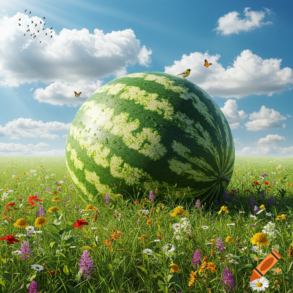 A gigantic watermelon sits in a vibrant green field filled with colorful wildflowers under a bright blue sky with clouds.