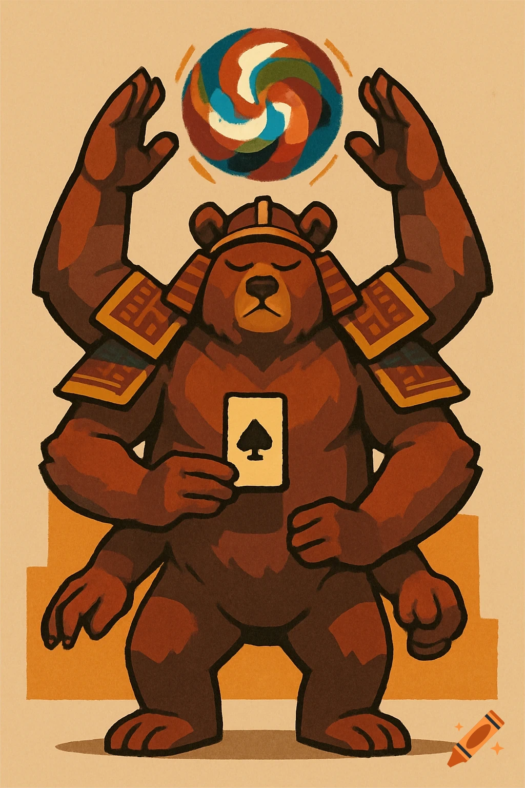 A cartoon brown bear with four arms wearing samurai armor, holding a spade card, and summoning a swirling multi-colored energy ball above its head.