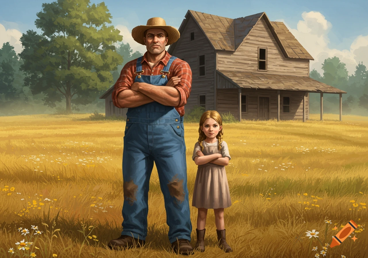 A stern farmer and his daughter stand in a golden field in front of an old farmhouse, digital painting style.