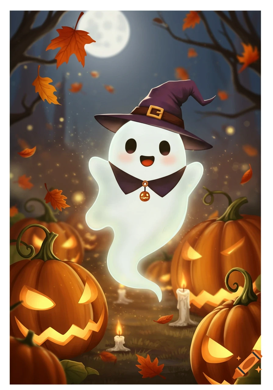 A cute cartoon ghost in a witch hat floats above glowing jack-o'-lanterns and fallen autumn leaves under a full moon.