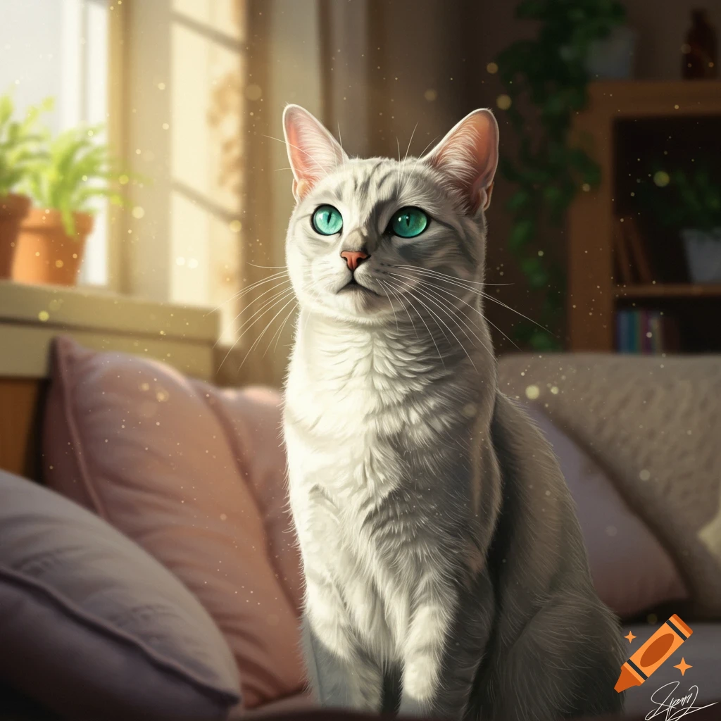 A white cat with bright green eyes sits looking up, illuminated by golden sunlight streaming through a window in a domestic indoor setting.