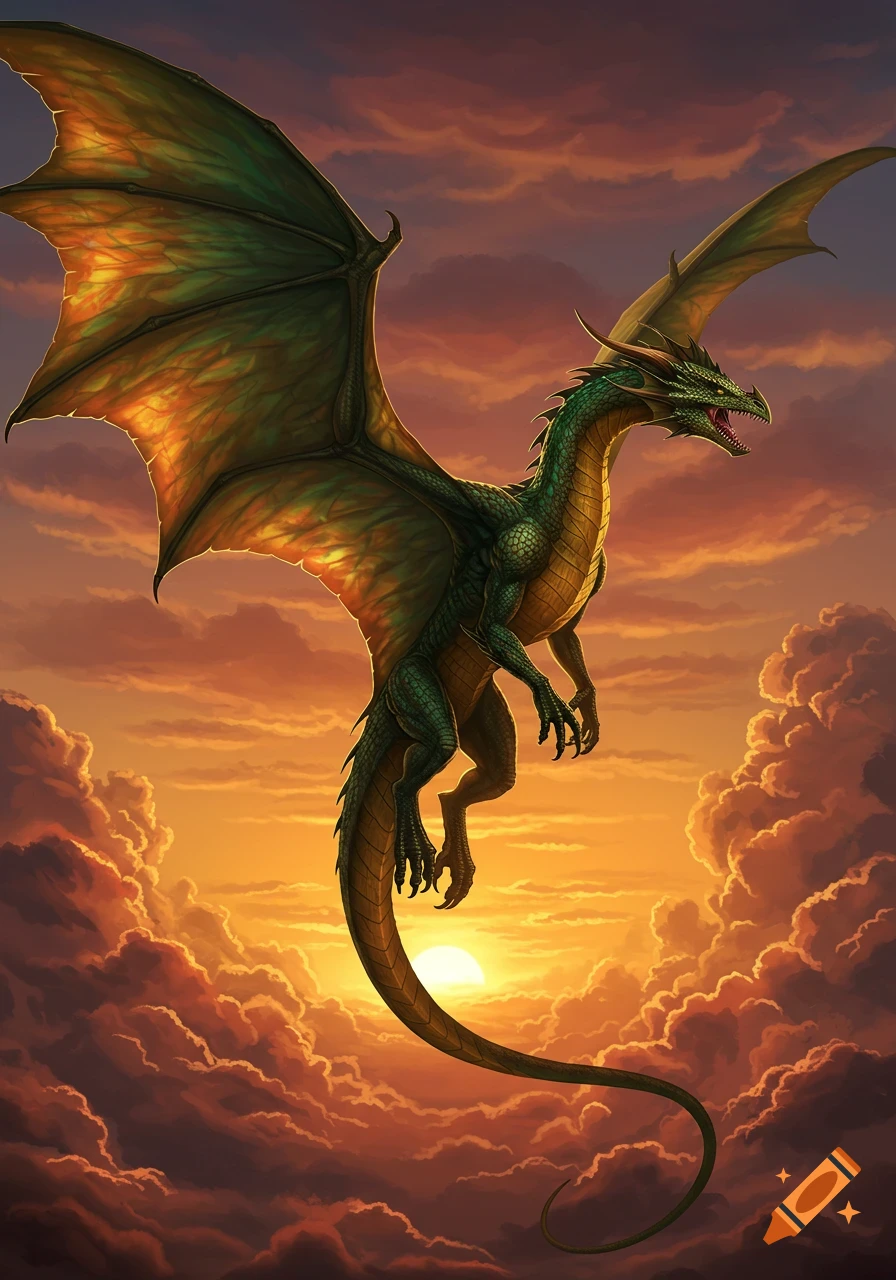 A detailed green dragon with large wings flies through a vibrant orange sunset sky, surrounded by clouds.