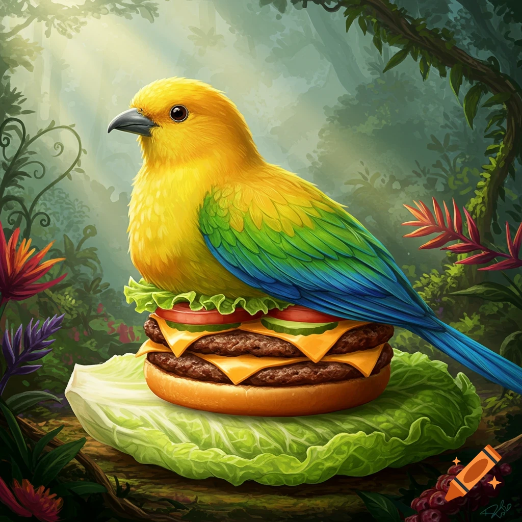 A vibrant yellow and blue bird perches atop a double cheeseburger, set against a lush green forest background in an illustrative style.