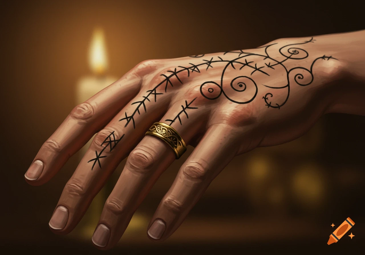 Close-up of a hand with black swirling runes and a gold ring, illuminated by a blurred candle.