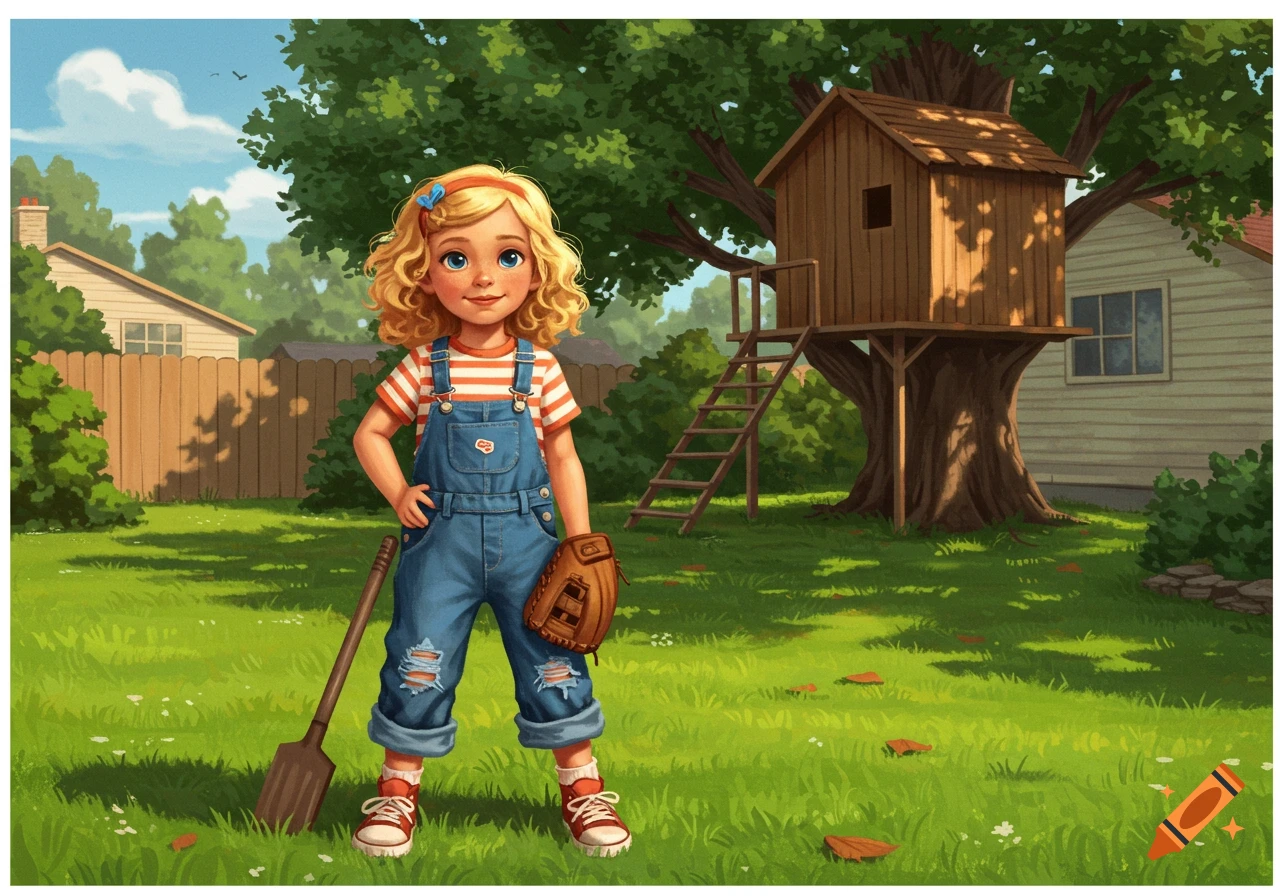 A young blonde girl in overalls with a shovel and baseball glove stands in a sunny backyard with a treehouse.