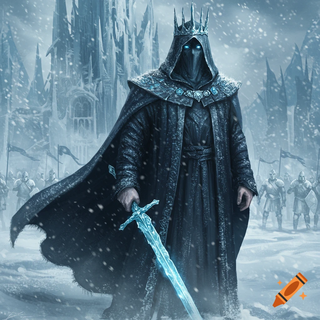 A dark cloaked Frost lord with glowing blue eyes and an ice crown stands holding a glowing ice sword in a snowy landscape with an ice castle and an army in the background.