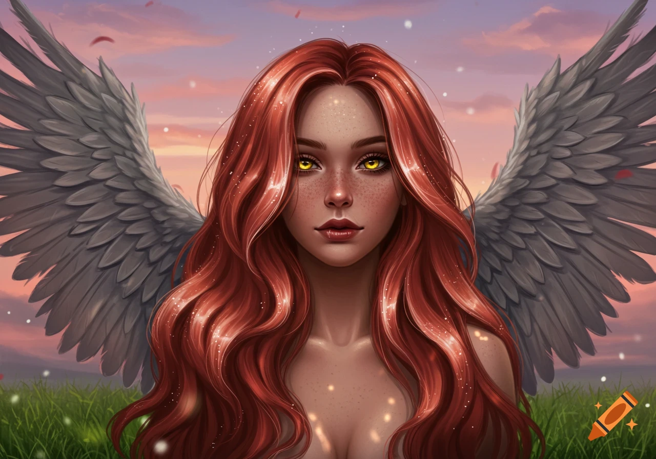 A fantasy portrait of a young woman with long wavy red hair, yellow eyes, freckles, and large grey angel wings against a sunset sky.