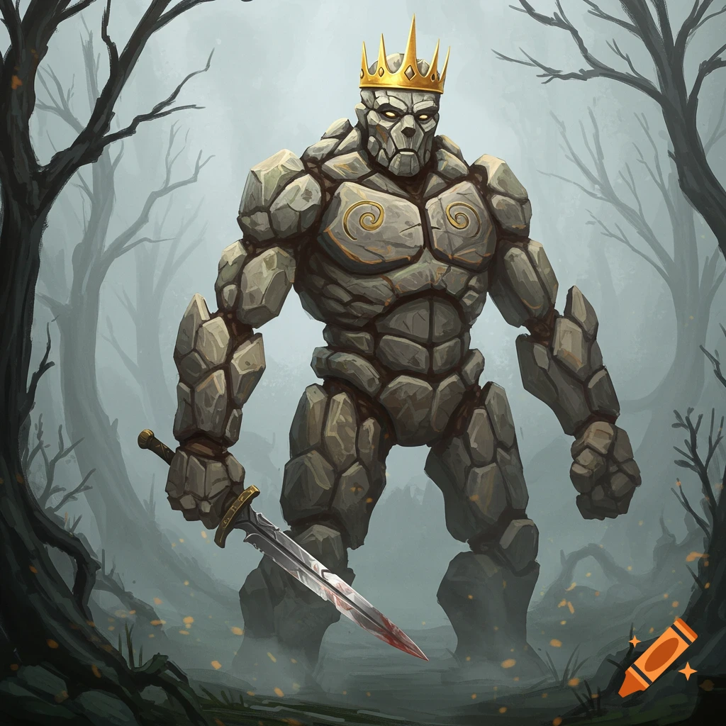 A powerful stone elemental creature wearing a golden crown stands in a misty, dark forest, holding a sword with a bloodied blade.