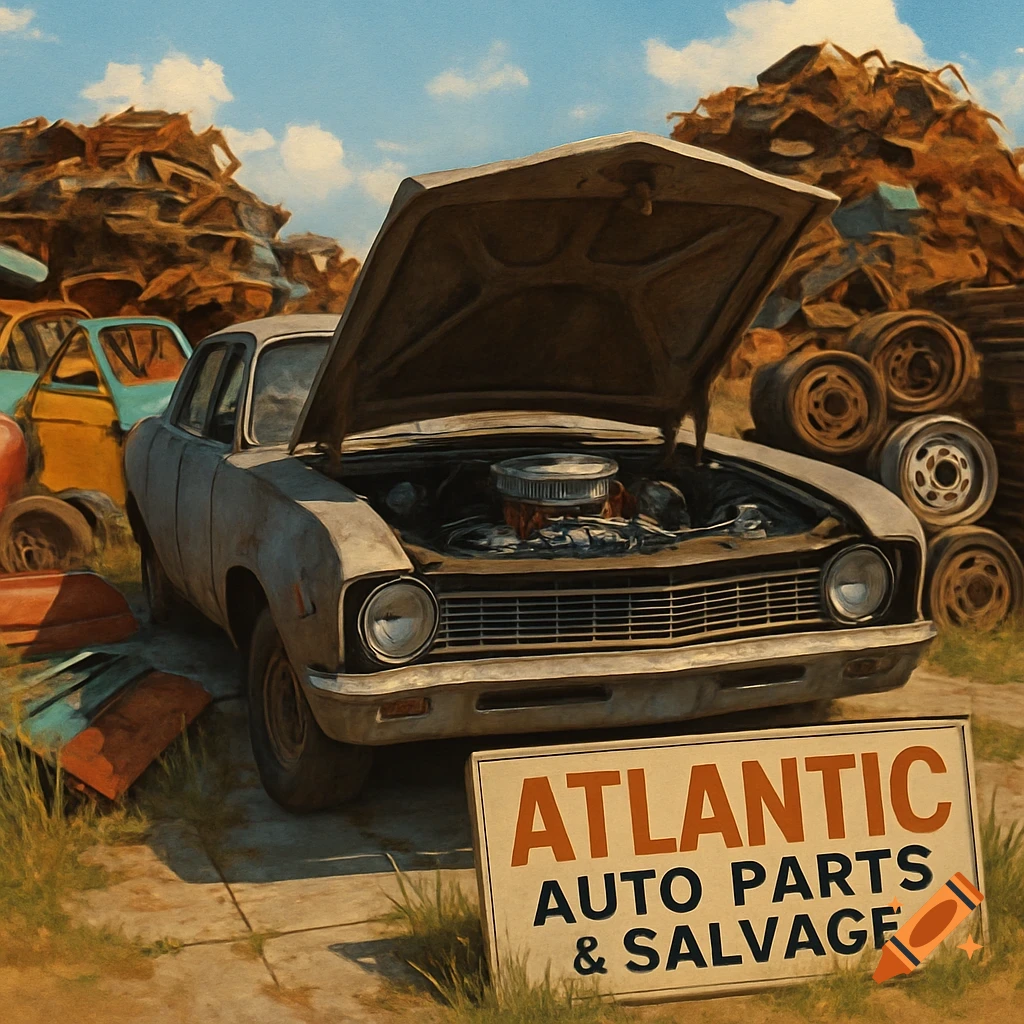An old car with an open hood in a junkyard with a sign for Atlantic Auto Parts & Salvage, in a painterly style.