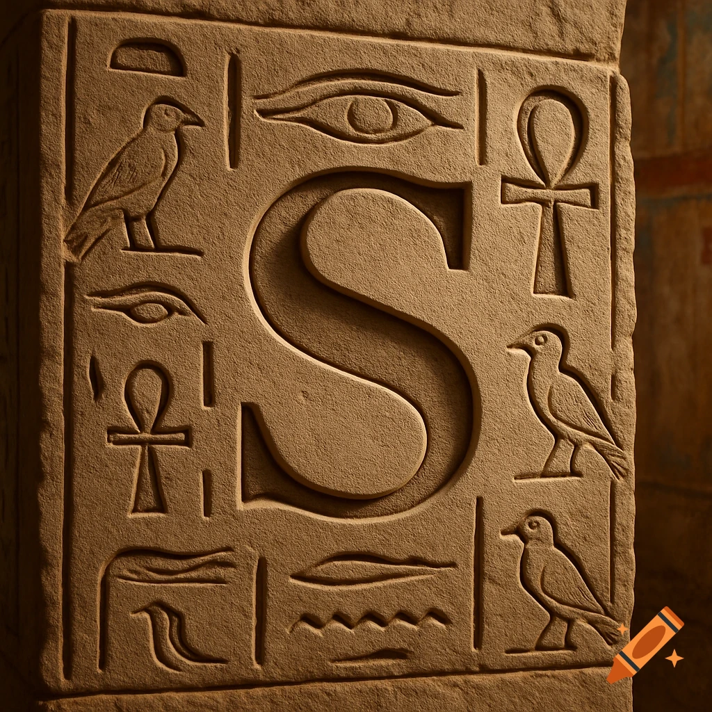 A large letter S carved into a sandy stone wall, surrounded by various ancient Egyptian hieroglyphs like birds, an eye, and an ankh.