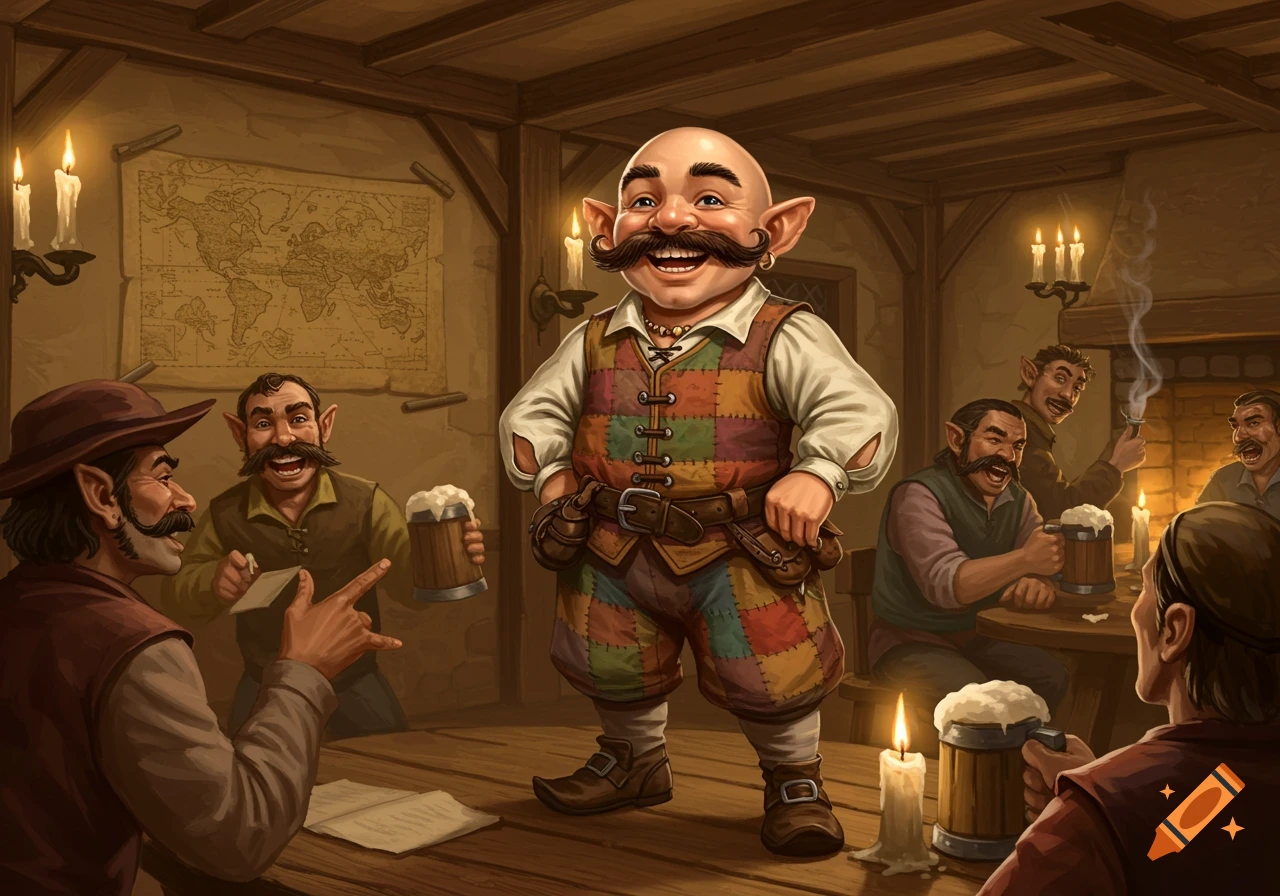 A bald, mustachioed halfling stands proudly in a fantasy tavern with other gnomish characters enjoying drinks.