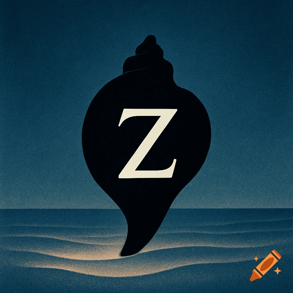 Minimalist illustration of a black shell silhouette with a white letter Z, on a dark blue background with sand.