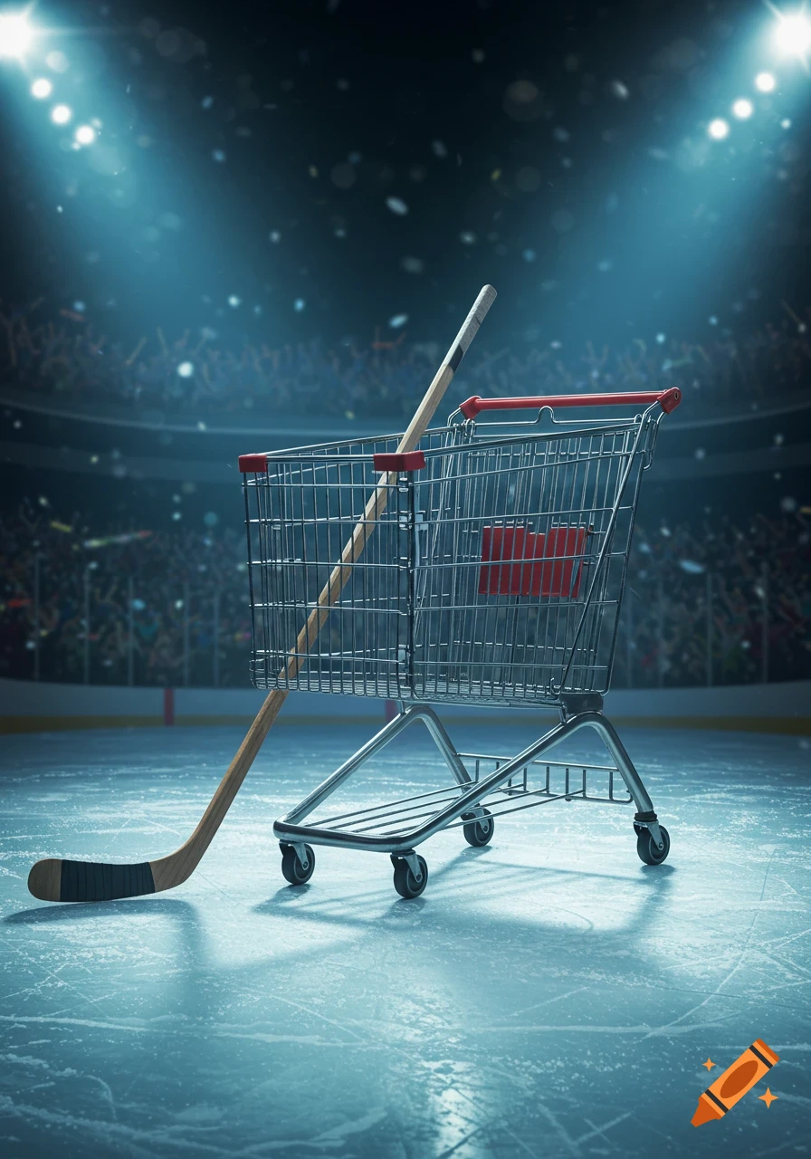 A shopping cart with a hockey stick leaning against it, standing on a blueish-green ice hockey rink under bright stadium lights.