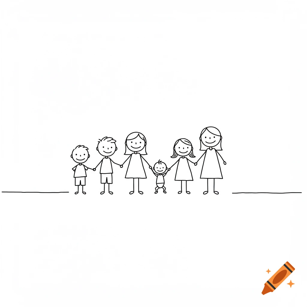 A black outline stick figure drawing on a white background showing a family of six holding hands. From left to right: a boy, another boy, a woman, a baby, a girl, and another woman.