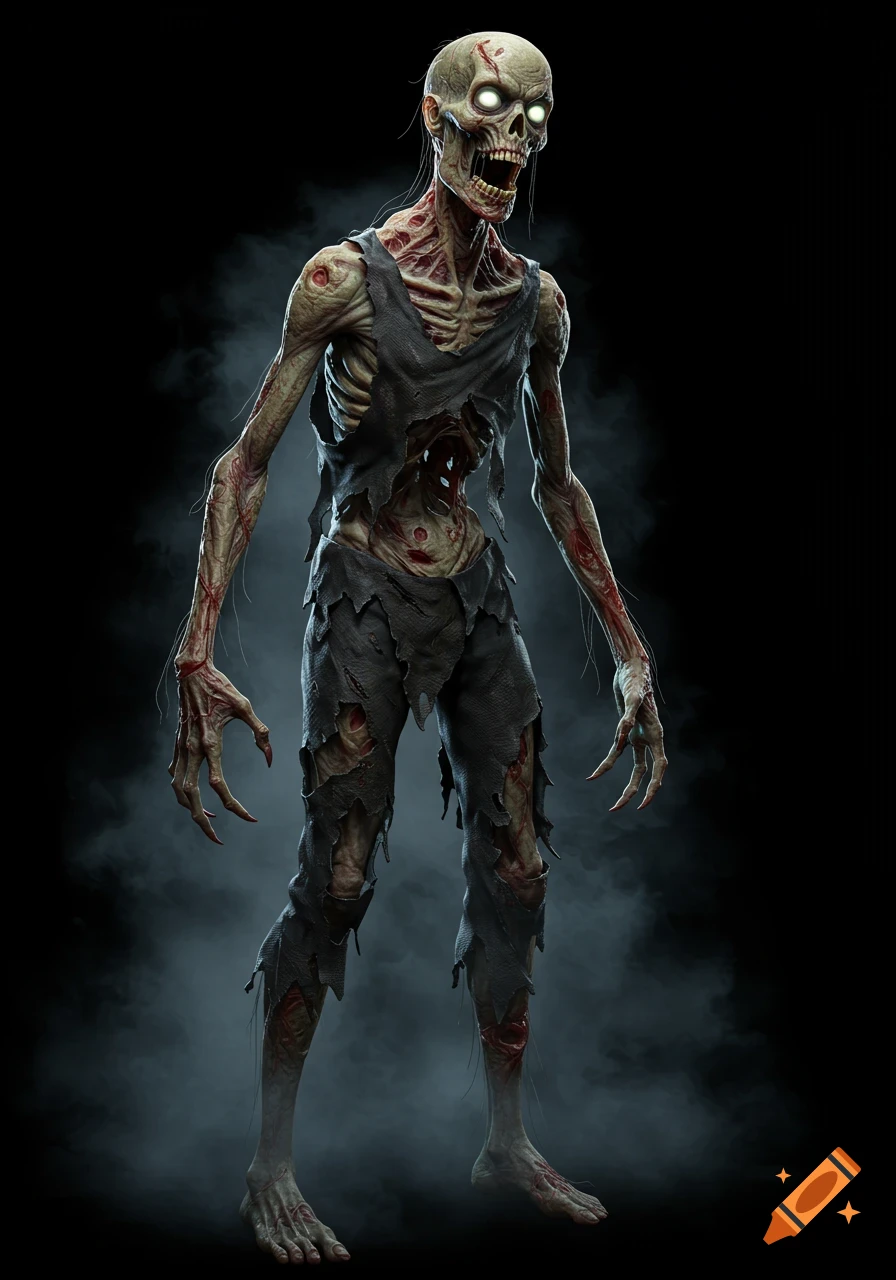A full-body, 3D render of a terrifying, emaciated zombie with glowing eyes and torn clothes, standing in a misty dark environment.