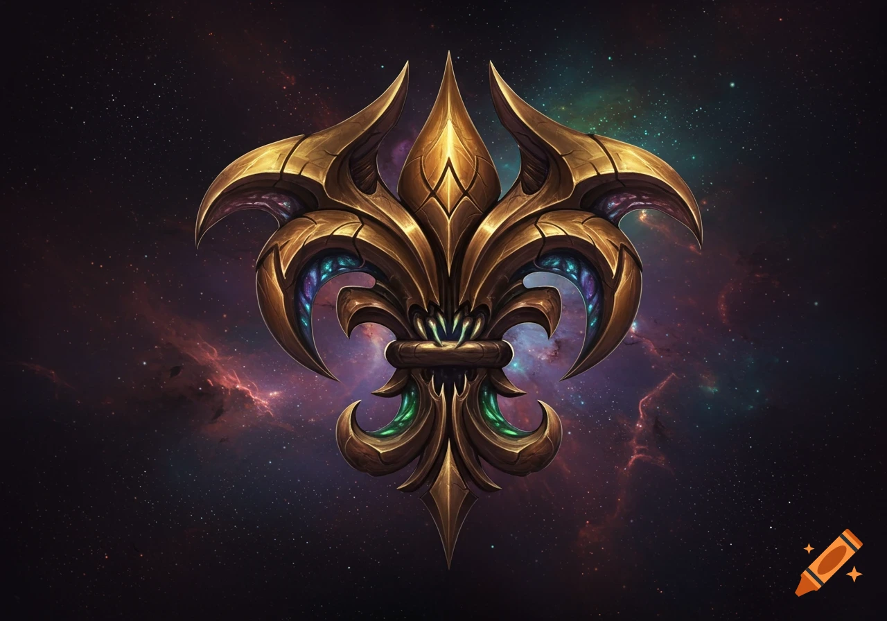 A golden, ornate emblem combining a fleur-de-lis with alien-like features, set against a vibrant cosmic background.