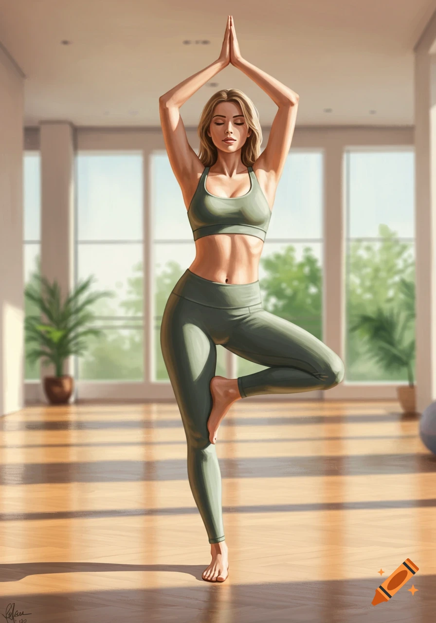 A blonde woman in green yoga attire performs a tree pose in a sunny studio, digital art.
