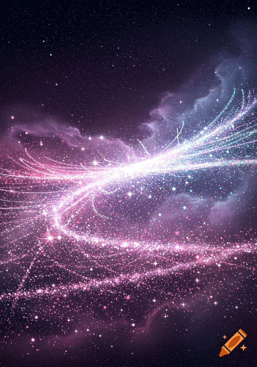 A vibrant purple and pink starry sky with swirling trails of glittering light.