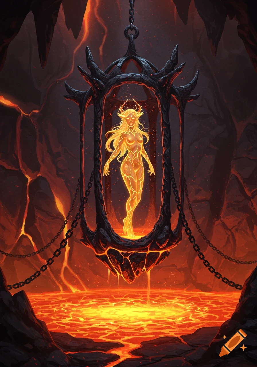 A radiant female figure, glowing golden with energy, suspended in a dark, ornate cage above a pool of magma in a volcanic chamber, digital art.