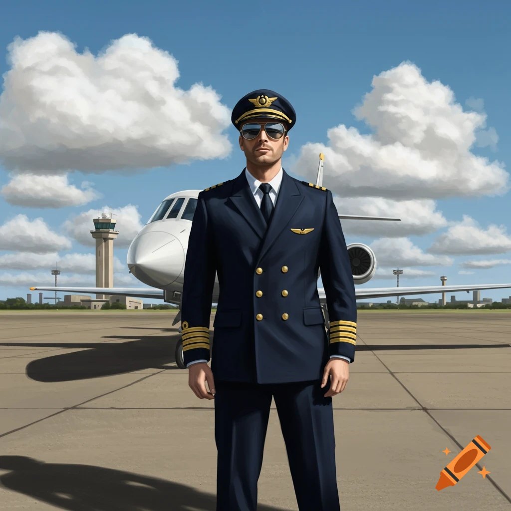 A man in a pilot uniform stands on an airport tarmac with a private jet and control tower in the background, under a blue sky with clouds.