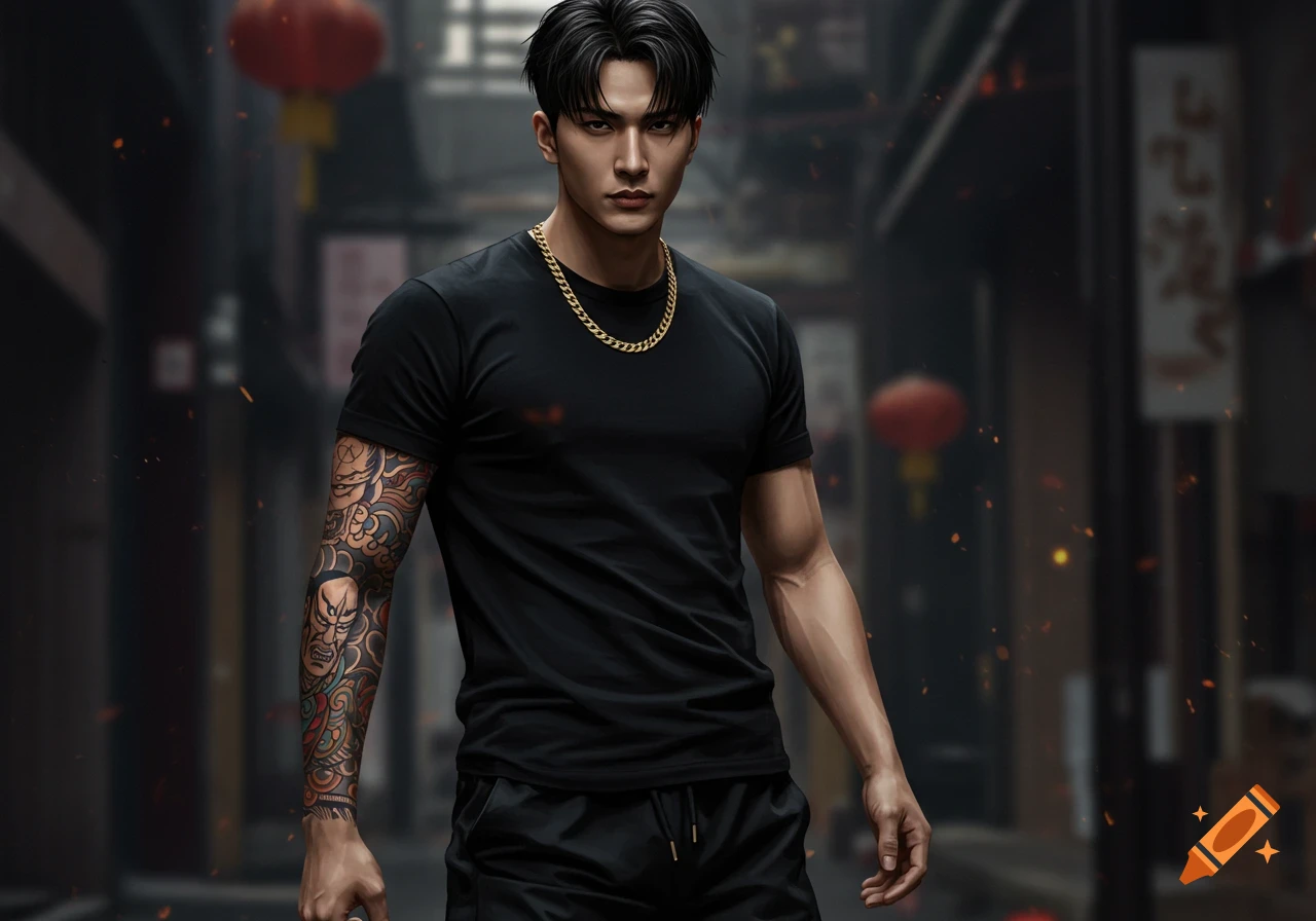 A dark-haired man with a gold chain and a tattooed left arm stands in an alley with red lanterns, looking forward.