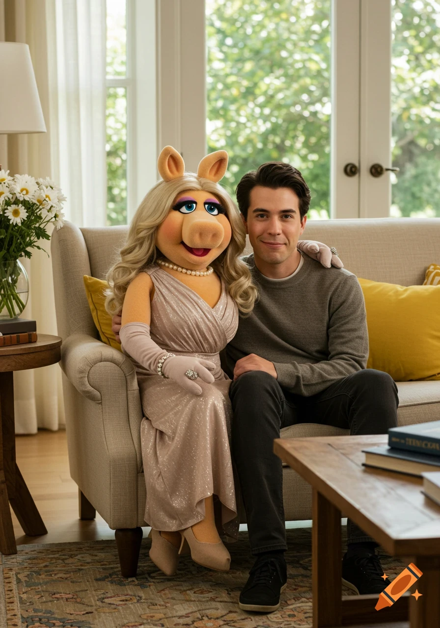 Miss Piggy in a shimmery dress and pearls sits in an armchair next to a young man on a couch in a bright living room.