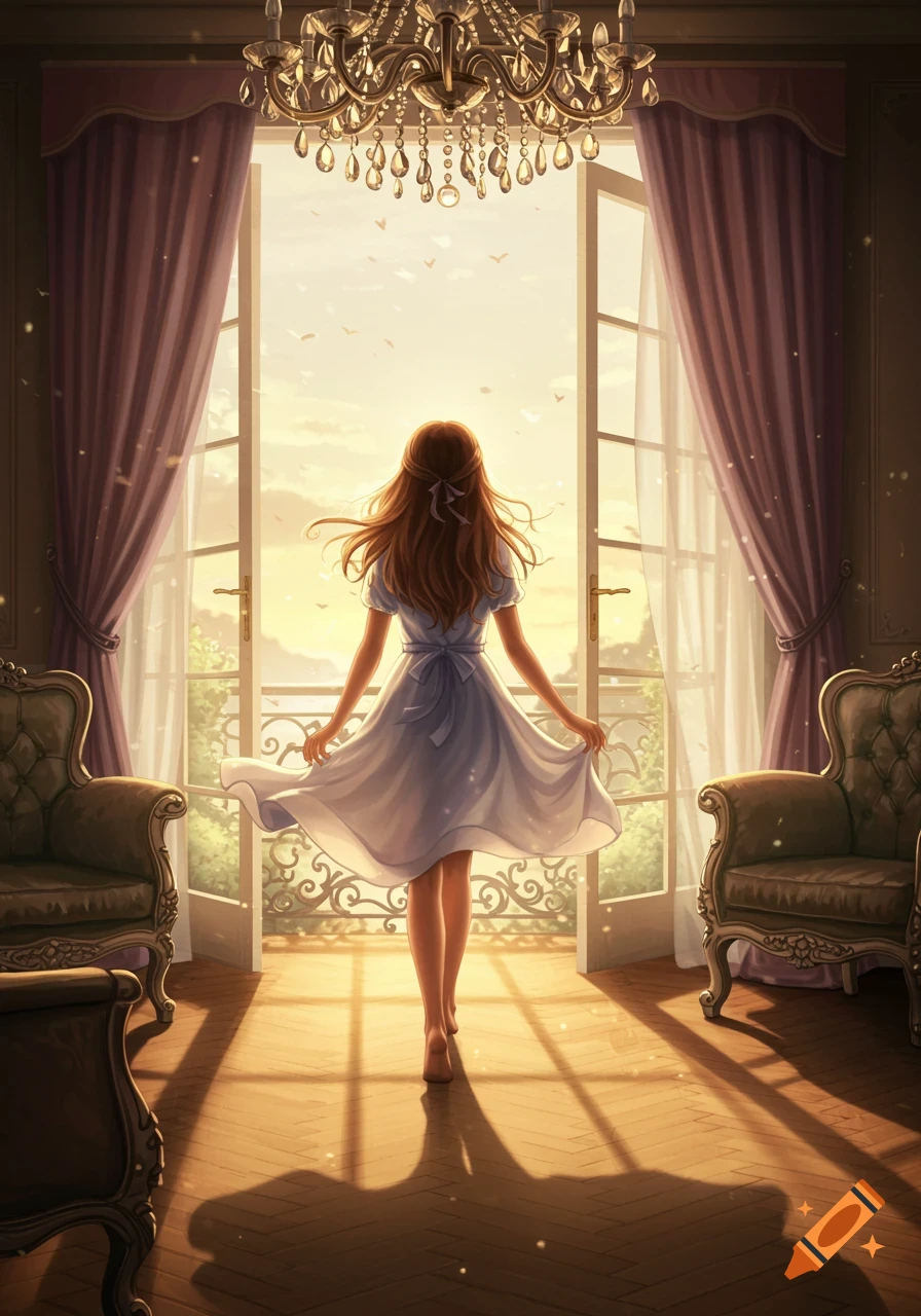 A girl with long brown hair in a light blue dress stands at an open balcony door in a chandeliered room, looking out at a bright, sunny landscape.
