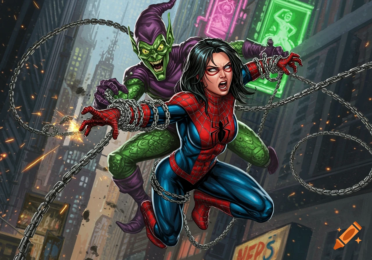 Spider-Woman, in a red and blue suit, struggles against chains while the Green Goblin hovers menacingly behind her in a dynamic comic art style.