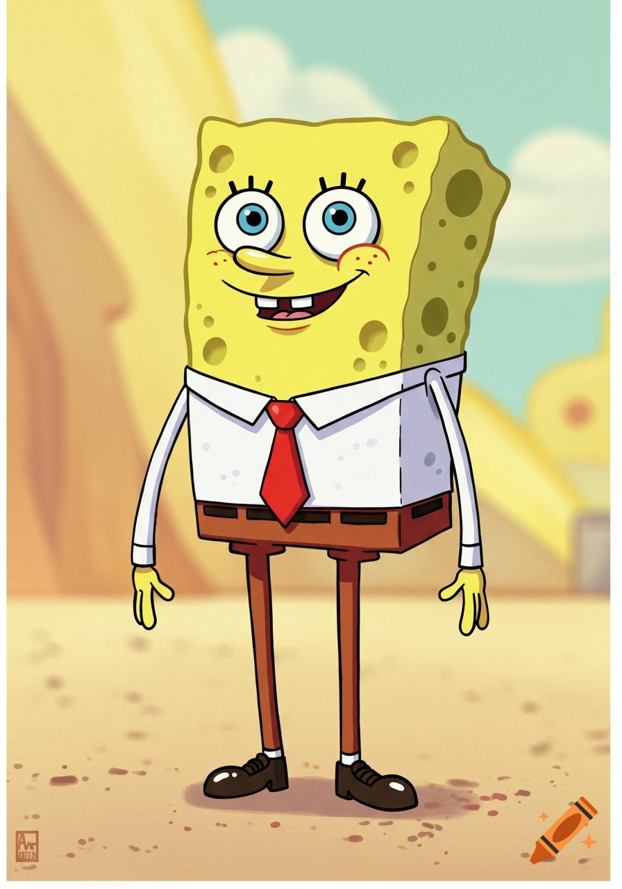 A yellow sponge character with a goofy smile, wearing a white shirt, red tie, brown pants, and black shoes, stands on sand.