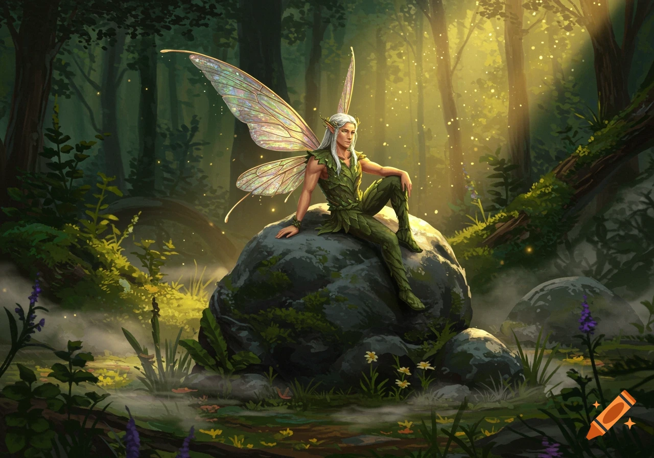 A male fairy with white hair and iridescent wings, wearing green leaves, sits on a mossy rock in a sunlit fantasy forest.