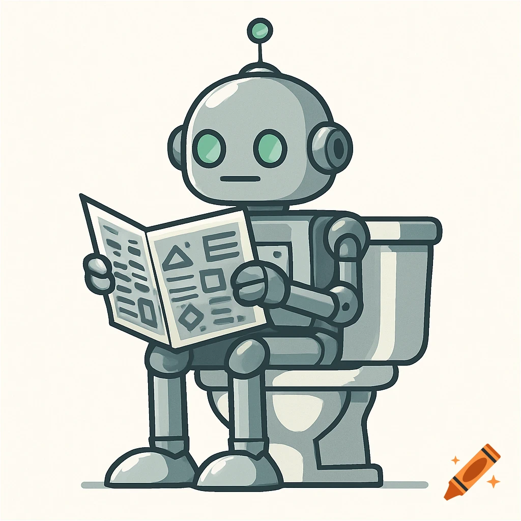 A stylized cartoon robot with green eyes sits on a toilet, reading a newspaper.