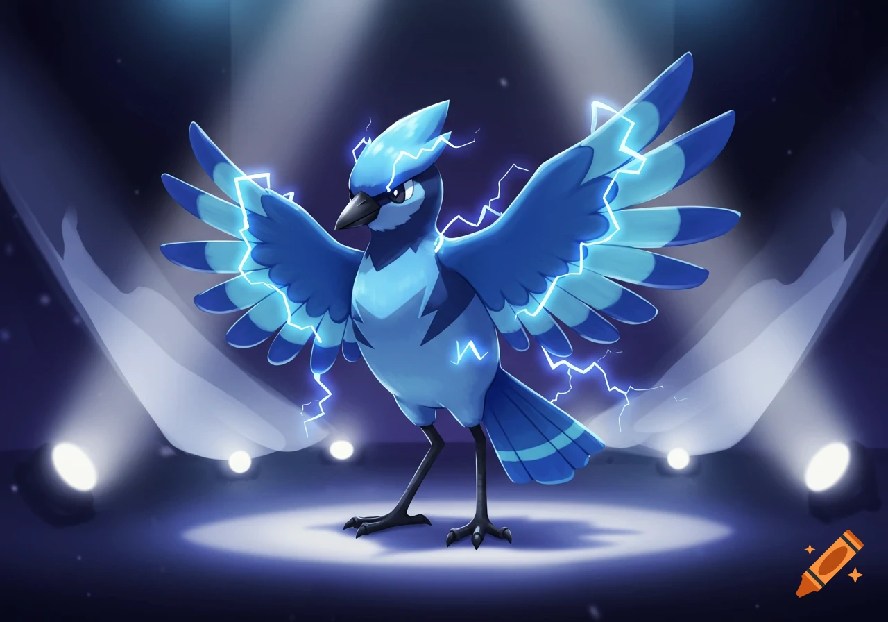An electric blue jay Pok smon with lightning, standing under spotlights on a dark stage in Ken Sugimori's art style.