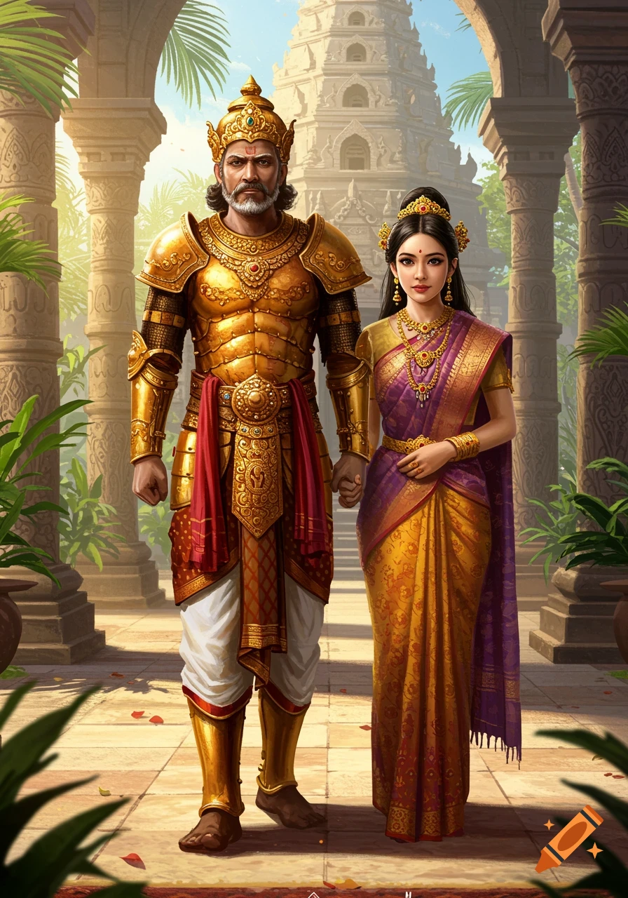A king in golden armor and a queen in a purple and gold sari stand under archways leading to an ornate temple.