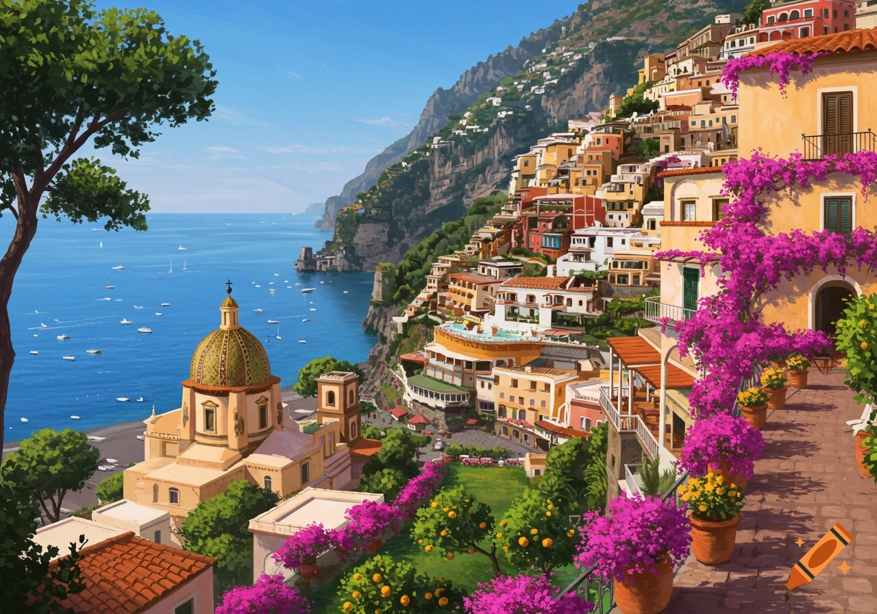 Vibrant Positano, Italy, a colorful town built into a hillside overlooking the sea, with a prominent church dome and abundant purple flowers.