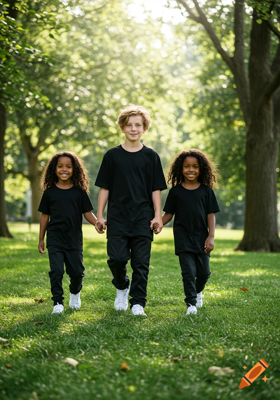 A boy and two girls, all wearing black, walk hand-in-hand on a grassy path in a sunlit park, smiling.