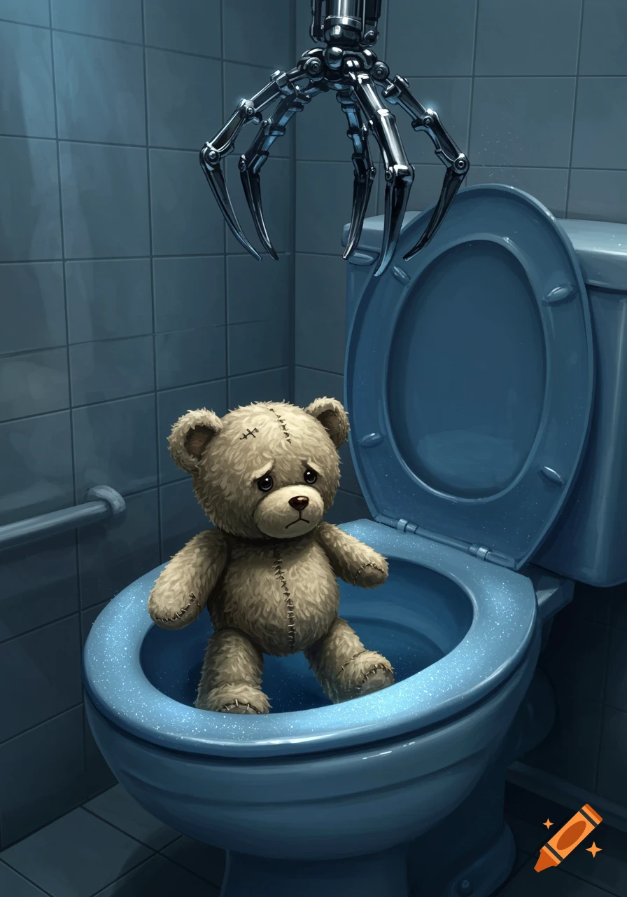 A sad teddy bear sits in a blue toilet while a metallic mechanical claw hovers above it in a dark bathroom, digital art.