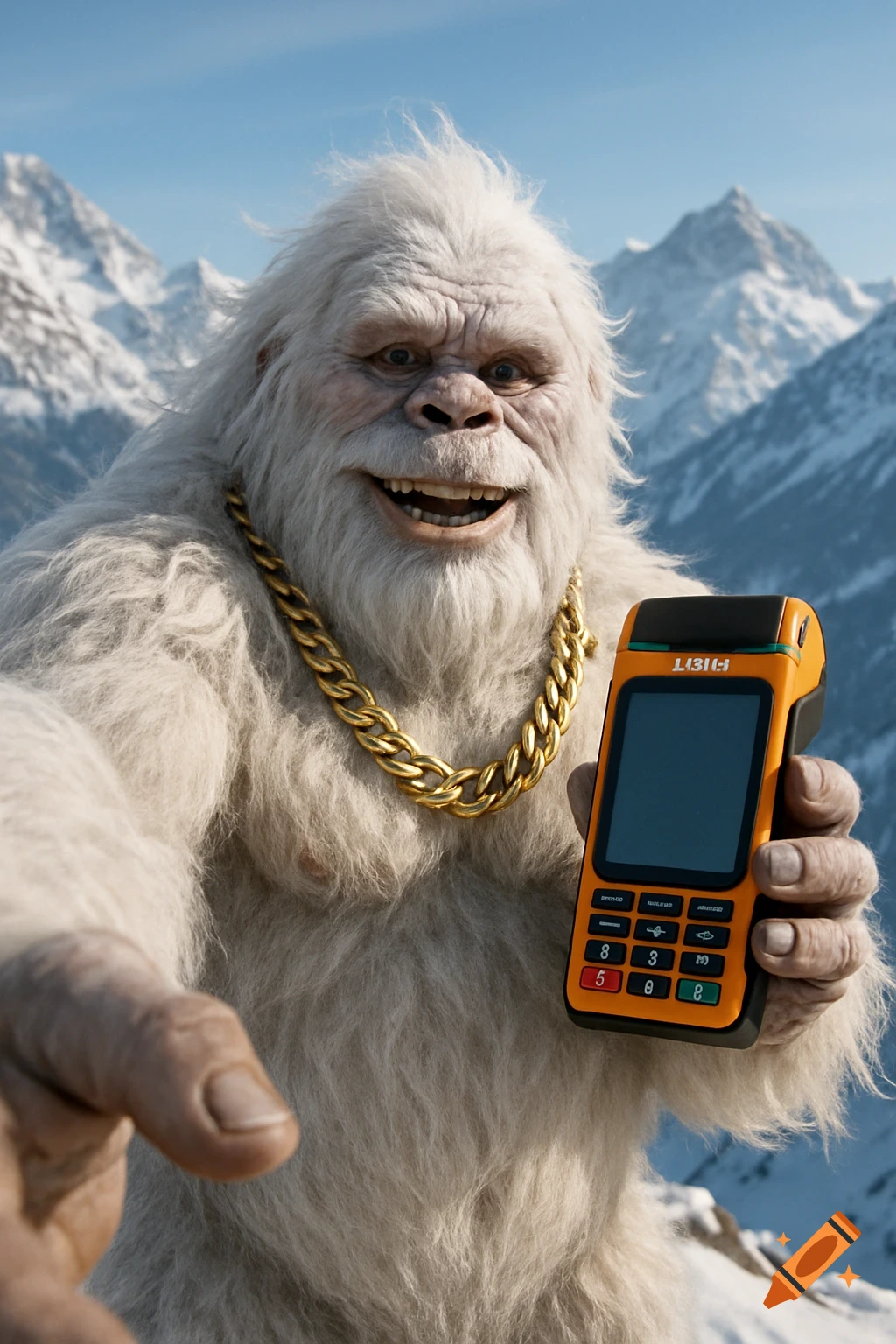A photorealistic yeti with a gold chain smiles while holding an orange point-of-sale terminal, with snowy mountains in the background.