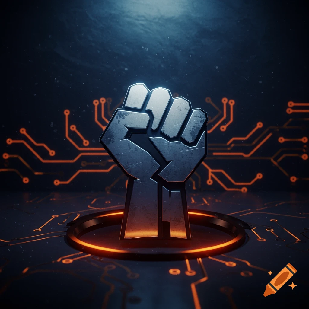 A hyperstylized metallic fist icon stands on a glowing circuit board background, bathed in blue and orange light.