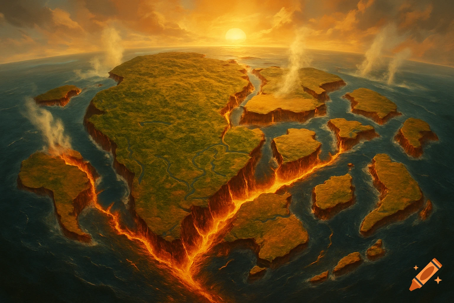 A large landmass breaks into smaller islands with glowing lava cracks and steam rising, set in dark blue water under an orange sunset.
