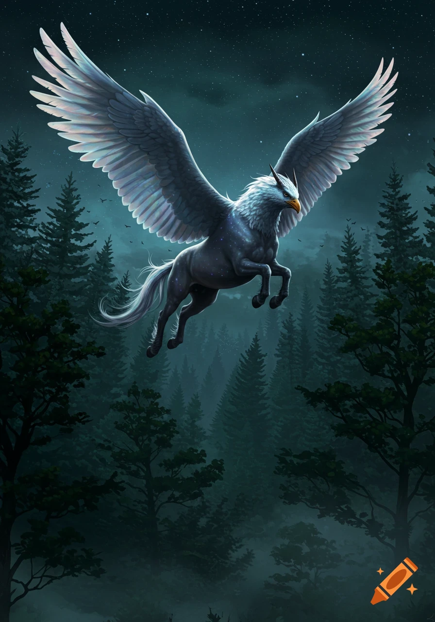 A majestic hippogriff with large white wings flies over a dark, misty forest under a starry night sky, illustrated fantasy art.